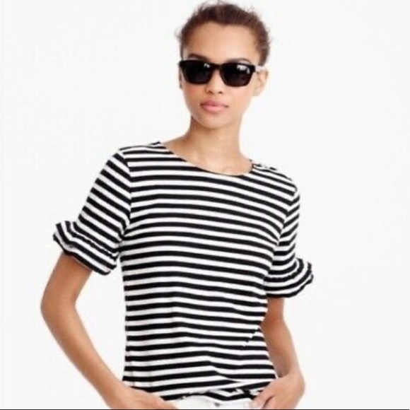 J. Crew Tops - {J Crew} Black + White Striped Flutter Sleeve Top